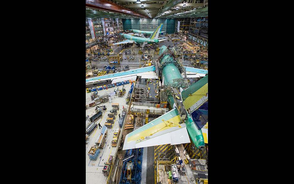 A 747 being built inside Boeing’s Everett factory.