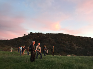 Picture of biologists and environmental scientists walking in a field.
